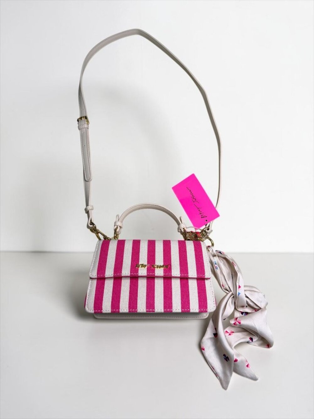 NWT Betsey Johnson XO JULES Pink Striped Crossbody Satchel Bag with Scarf